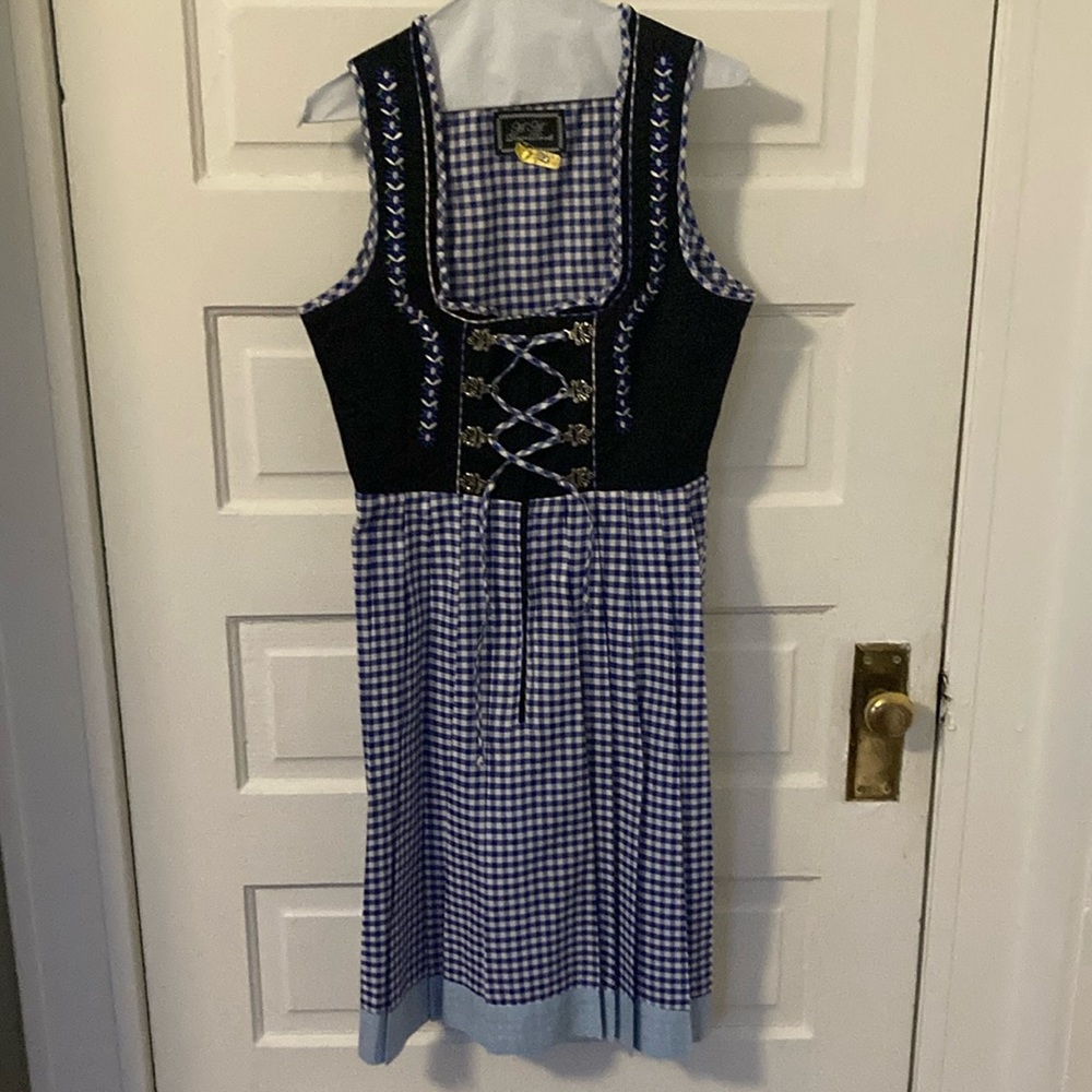 Authentic blue and white gingham dirndl dress with matching apron
